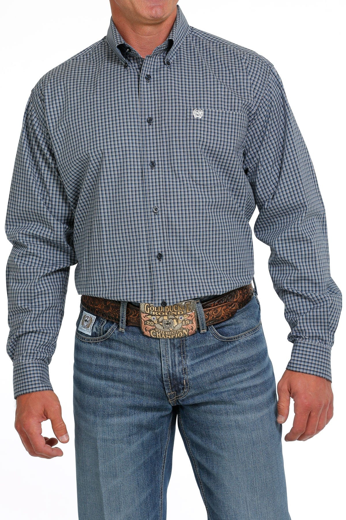 美品！CINCH ObladaIVY SHIRTSブルー Cinch Men's Navy Blue Plaid Long Sleeve Button Down Western Shirt