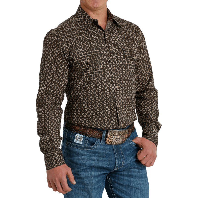 Cinch Shirts Cinch Men's Brown Geometric Print Long Sleeve Western Snap Shirt MTW1303071