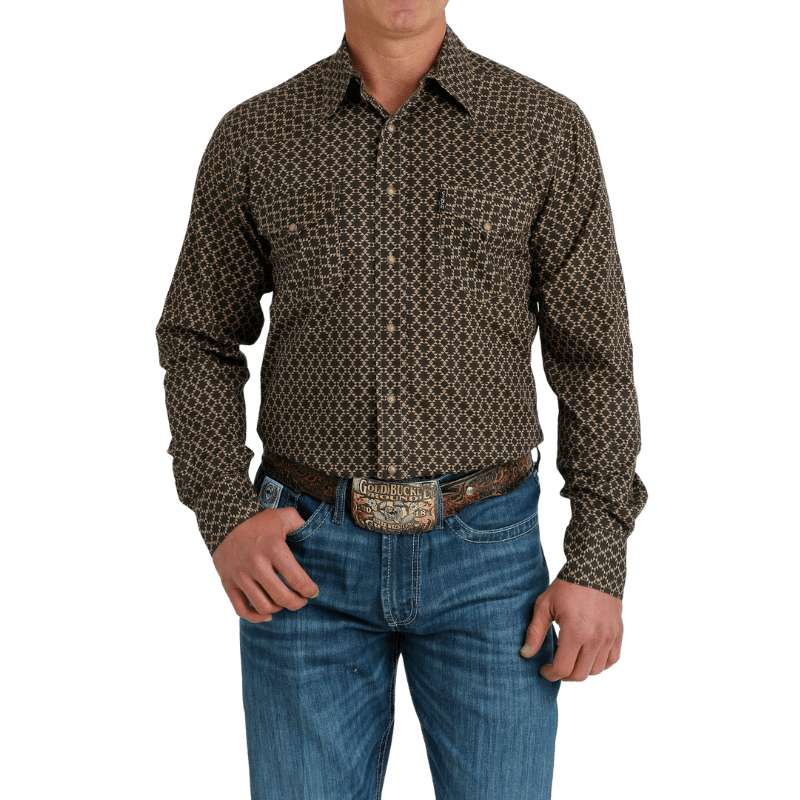 Cinch Shirts Cinch Men's Brown Geometric Print Long Sleeve Western Snap Shirt MTW1303071
