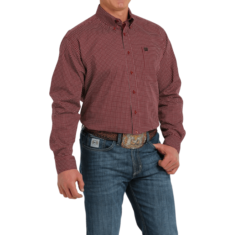 CINCH Shirts Cinch Men's Geometric Print Burgundy Long Sleeve Button Down Western Shirt MTW1105528