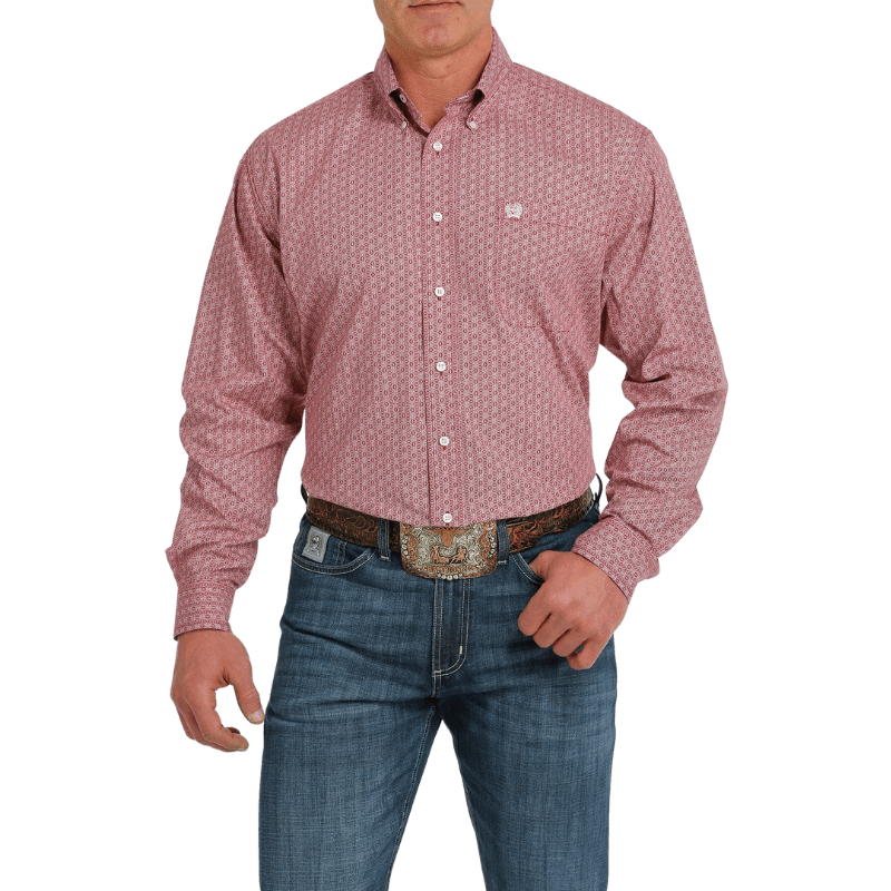 CINCH Shirts Cinch Men's Geometric Print Burgundy/White Long Sleeve Button Down Western Shirt MTW1105527