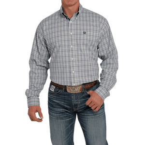 CINCH Shirts Cinch Men's Gray/Cream Plaid Classic Fit Long Sleeve Button Down Shirt MTW1105444
