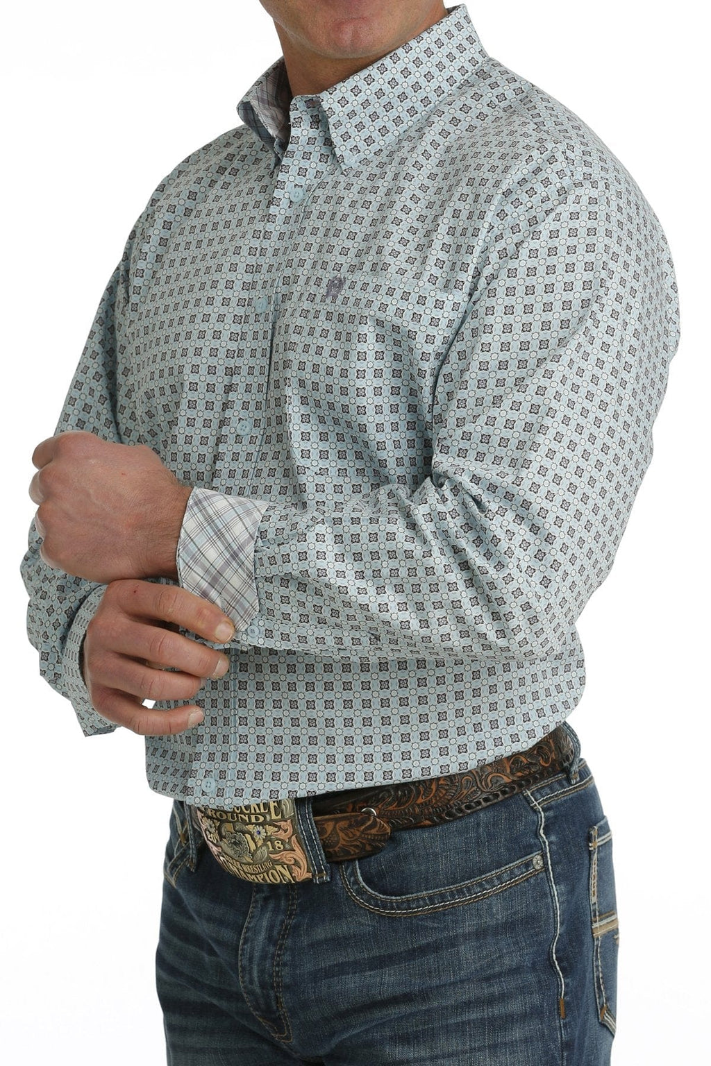 Cinch Shirts Cinch Men's Light Blue Geometric Print Long Sleeve Button Down Western Shirt MTW1105734