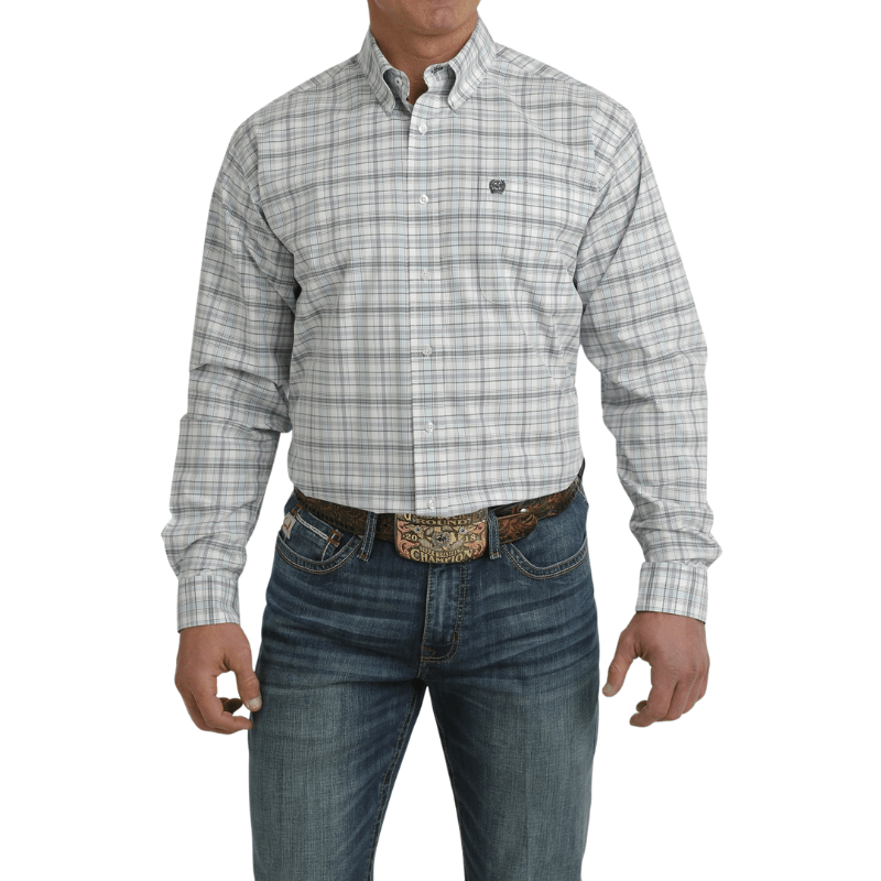 Cinch Men’s Light Blue Plaid Long Sleeve Button Down Western Shirt