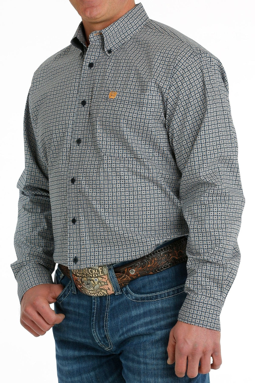 Cinch Shirts Cinch Men's Navy Stretch Geometric Print Long Sleeve Button Down Western Shirt MTW1105699