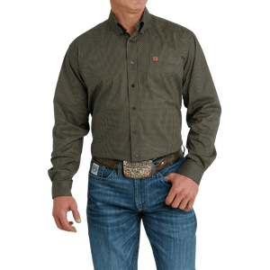 Cinch Shirts Cinch Men's Olive Stretch Geometric Print Long Sleeve Button Western Shirt MTW1105664