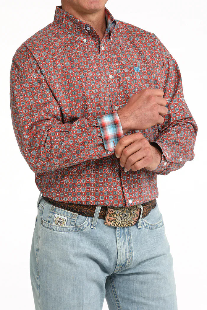CINCH Shirts Cinch Men's Red & Blue Geo Print Button Down Western Shirt MTW1106097