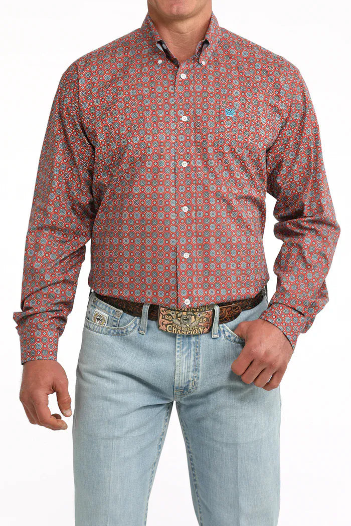 CINCH Shirts Cinch Men's Red & Blue Geo Print Button Down Western Shirt MTW1106097