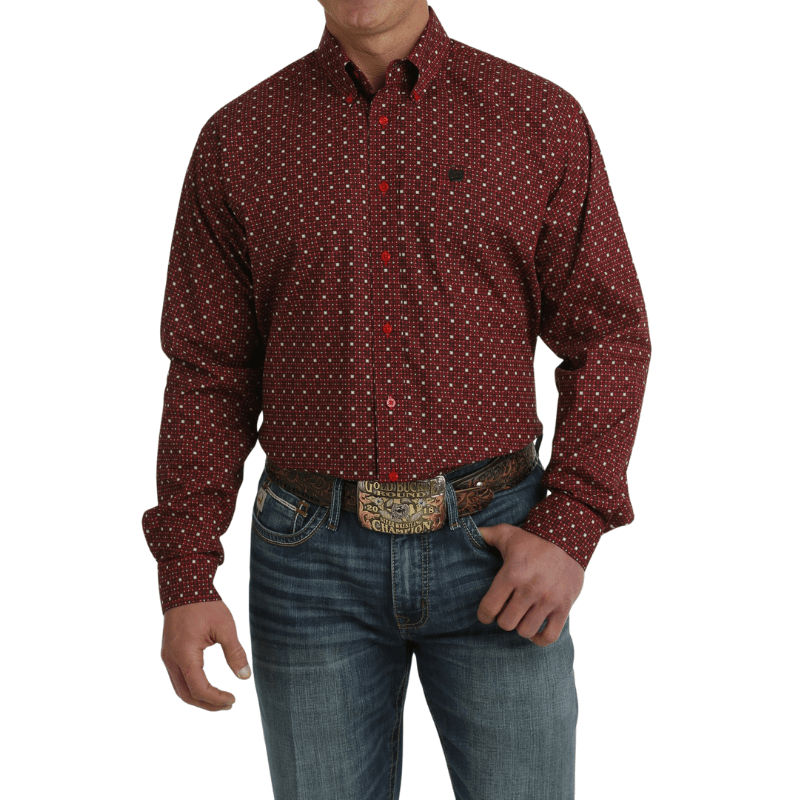 Cinch Shirts Cinch Men's Red Geometric Print Long Sleeve Button Down Western Shirt MTW1105724