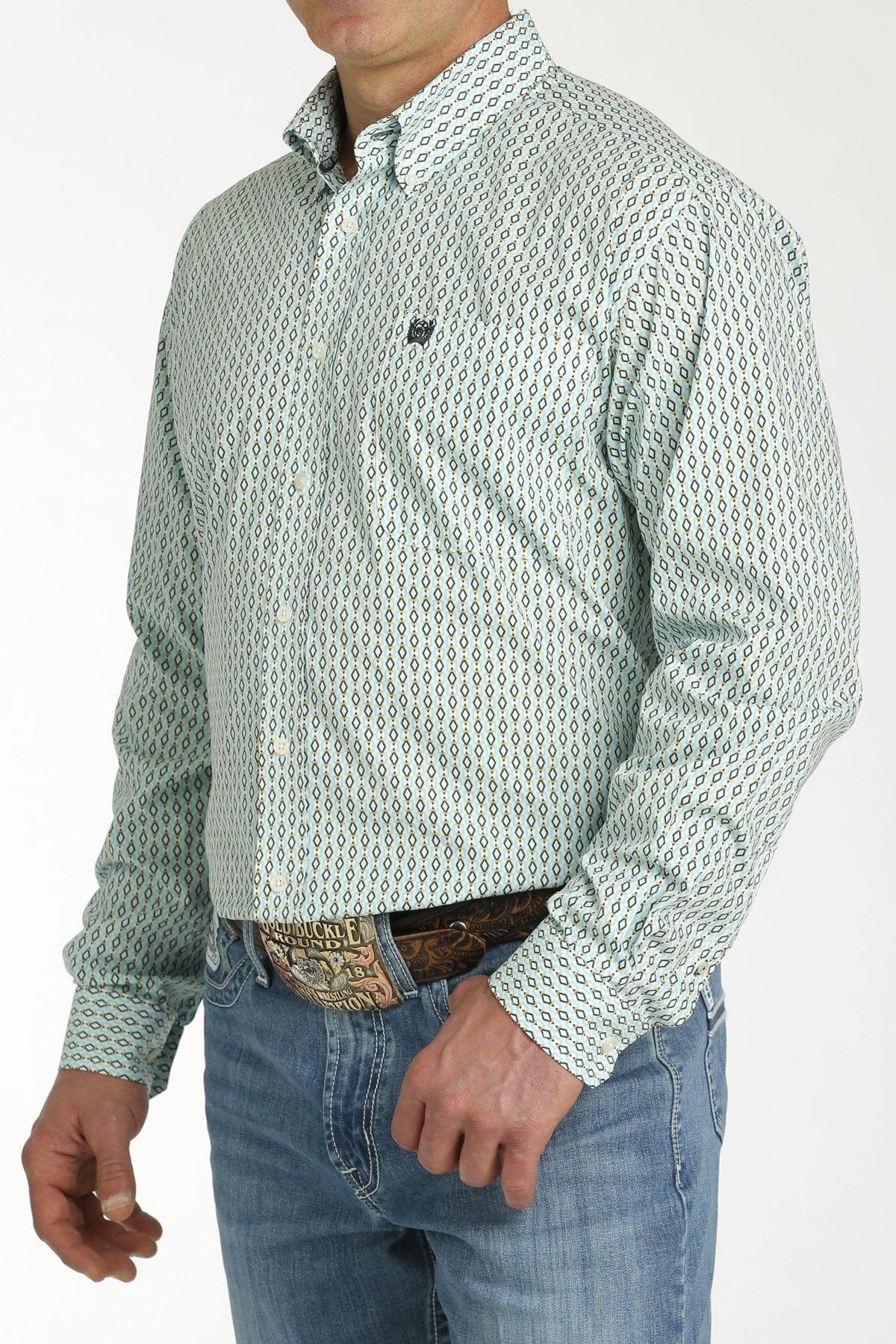 Cinch Men's Turquoise Geometric Print Long Sleeve Button