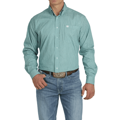 Cinch Men's Turquoise Printed Stripe Long Sleeve Button Down
