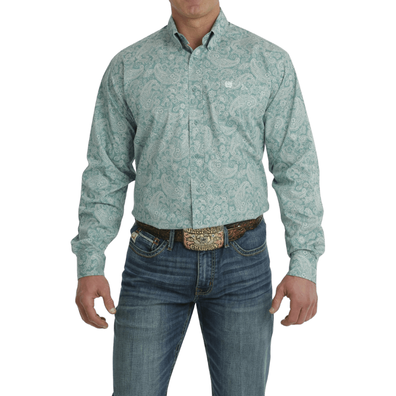 Cinch Shirts Cinch Men's Turquoise/White Paisley Print Long Sleeve Button Down Western Shirt MTW1105704