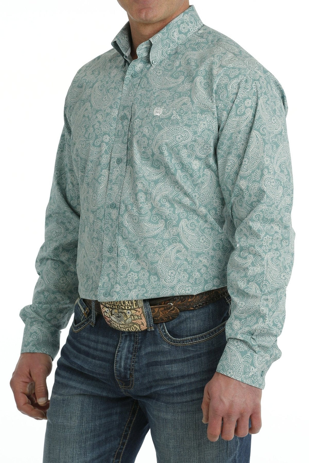 Cinch Shirts Cinch Men's Turquoise/White Paisley Print Long Sleeve Button Down Western Shirt MTW1105704