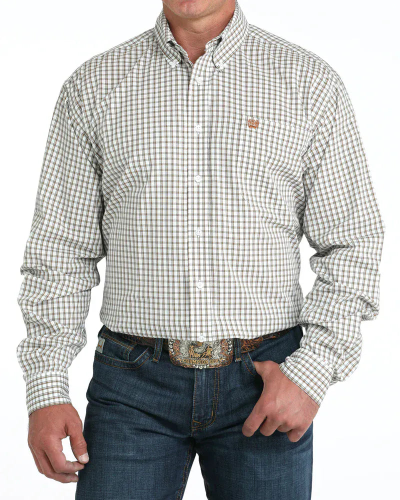 CINCH Shirts Cinch Men's White & Brown Plaid Button Up Western Shirt MTW1105983