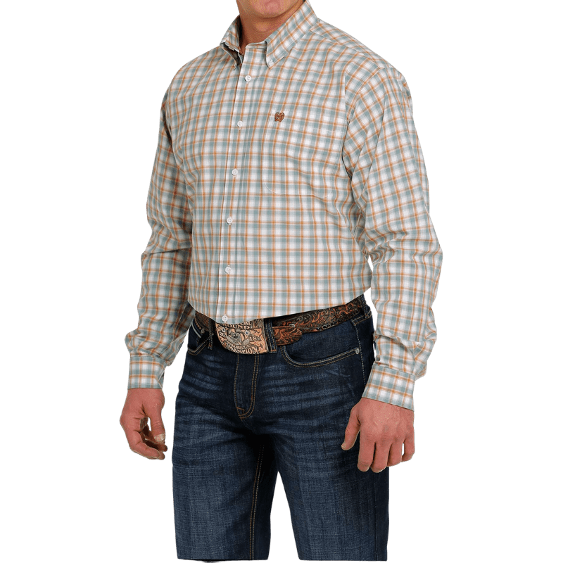 CINCH Shirts Cinch Men's White/Teal/Brown Plaid Classic Fit Long Sleeve Button Down Shirt MTW1105467