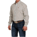 CINCH Shirts Cinch Men's White/Teal/Brown Plaid Classic Fit Long Sleeve Button Down Shirt MTW1105467