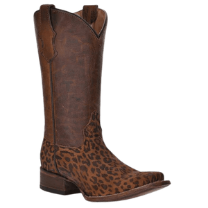 CIRCLE G BOOTS Boots Circle G Girls Saddle Tan Leopard Print Square Toe Western Boots J7108