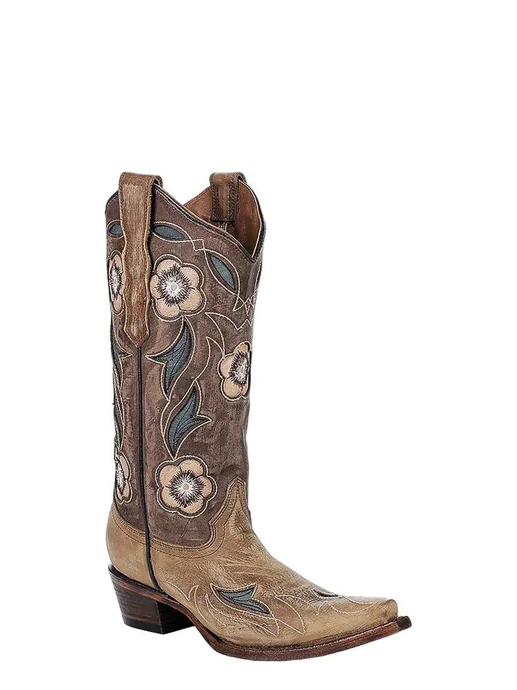 CIRCLE G BOOTS Boots Circle G Women's Sand Inlay & Embroidery Snip Toe Western Boots L6155