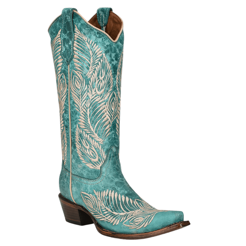 CIRCLE G BOOTS Boots Circle G Women's Turquoise Feather Embroidery Snip Toe Western Boots L5789