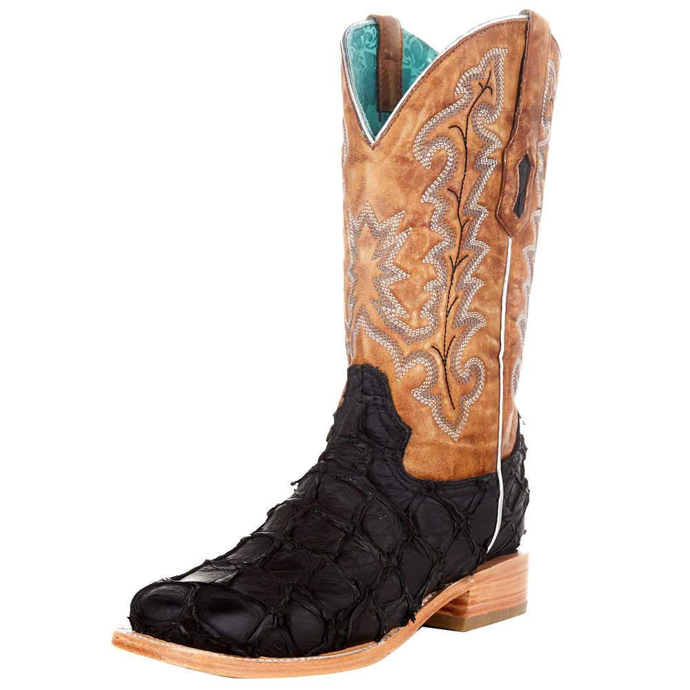 CORRAL BOOTS Boots Corral Women's Black/Sand Pirarucu Arapaima Square Toe Exotic Western Boots A4204