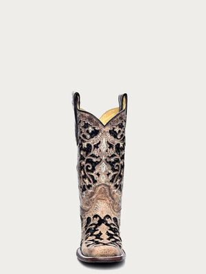 CORRAL BOOTS Boots Corral Women's Brown Inlay & Flowered Embroidery Square Toe Western Boots A3648