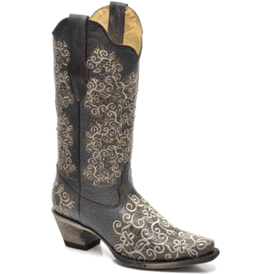 CORRAL BOOTS Boots Corral Women's Gray Floral Embroidered Boots with Studs & Stones Cowgirl Boots R1408