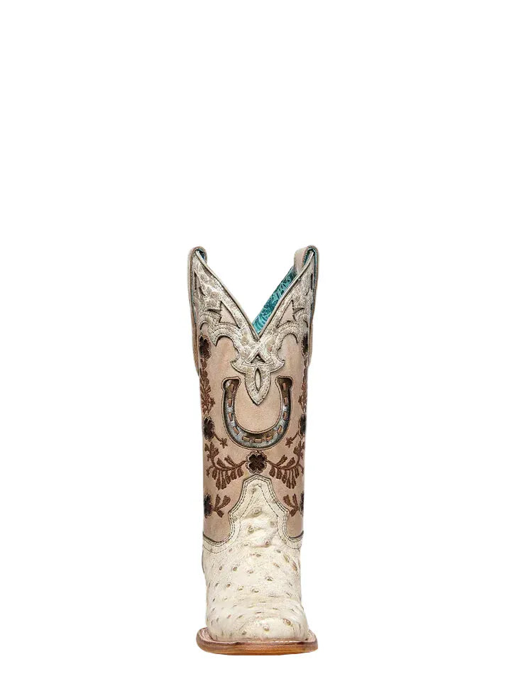 CORRAL BOOTS Boots Corral Women's Ivory Floral and Horseshoe Embroidered Ostrich Exotic Boot A4850