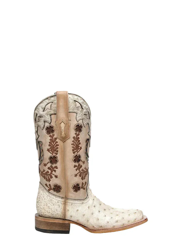 CORRAL BOOTS Boots Corral Women's Ivory Floral and Horseshoe Embroidered Ostrich Exotic Boot A4850