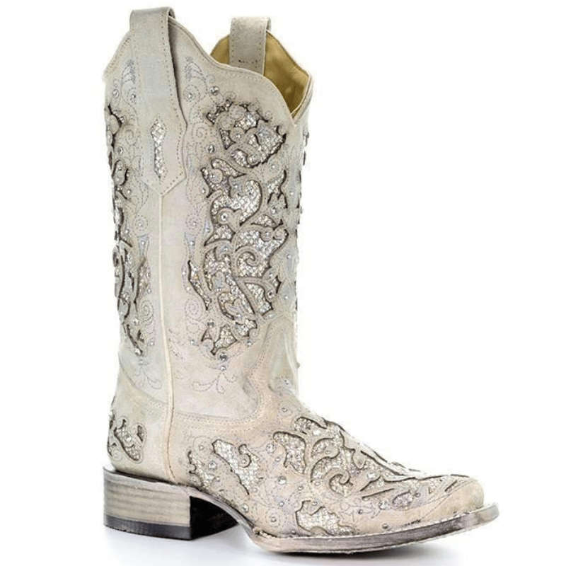 CORRAL BOOTS Boots Corral Women's White Glitter Inlay Square Toe Cowboy Boots A3397