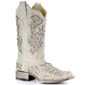 CORRAL BOOTS Boots Corral Women's White Glitter Inlay Square Toe Cowboy Boots A3397