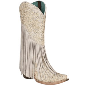 CORRAL BOOTS Boots Corral Women's White Lamb Overlay & Embroidery Fringe Western Boots C3955