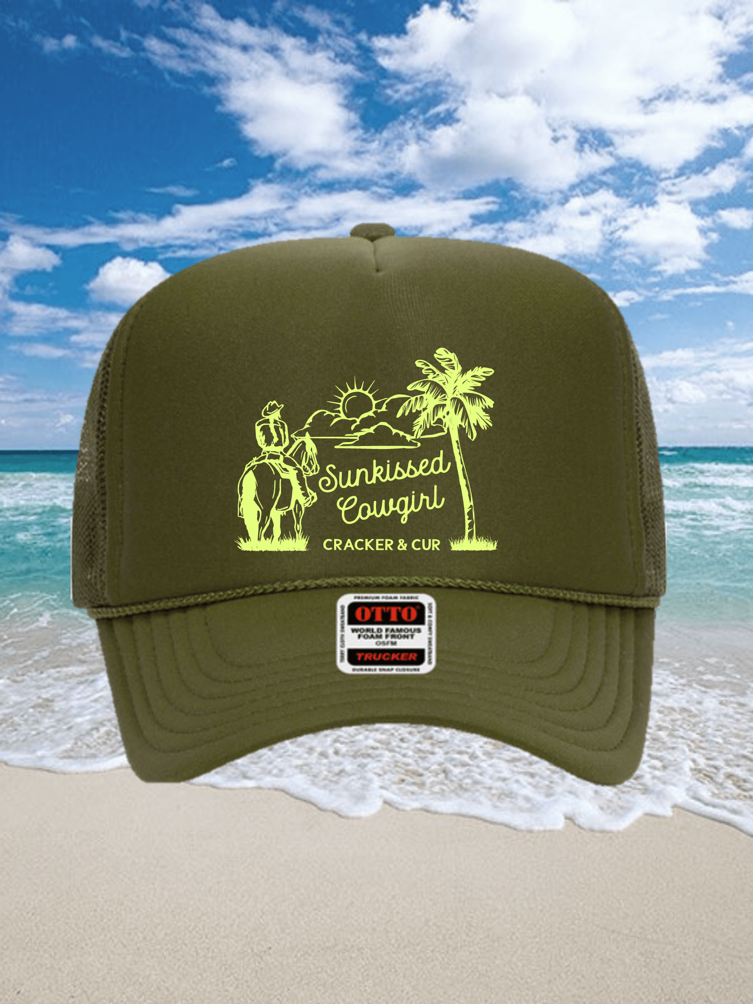 Cracker and Cur hat Sunkissed Cowgirl Foam Trucker Hat- Olive/Lime