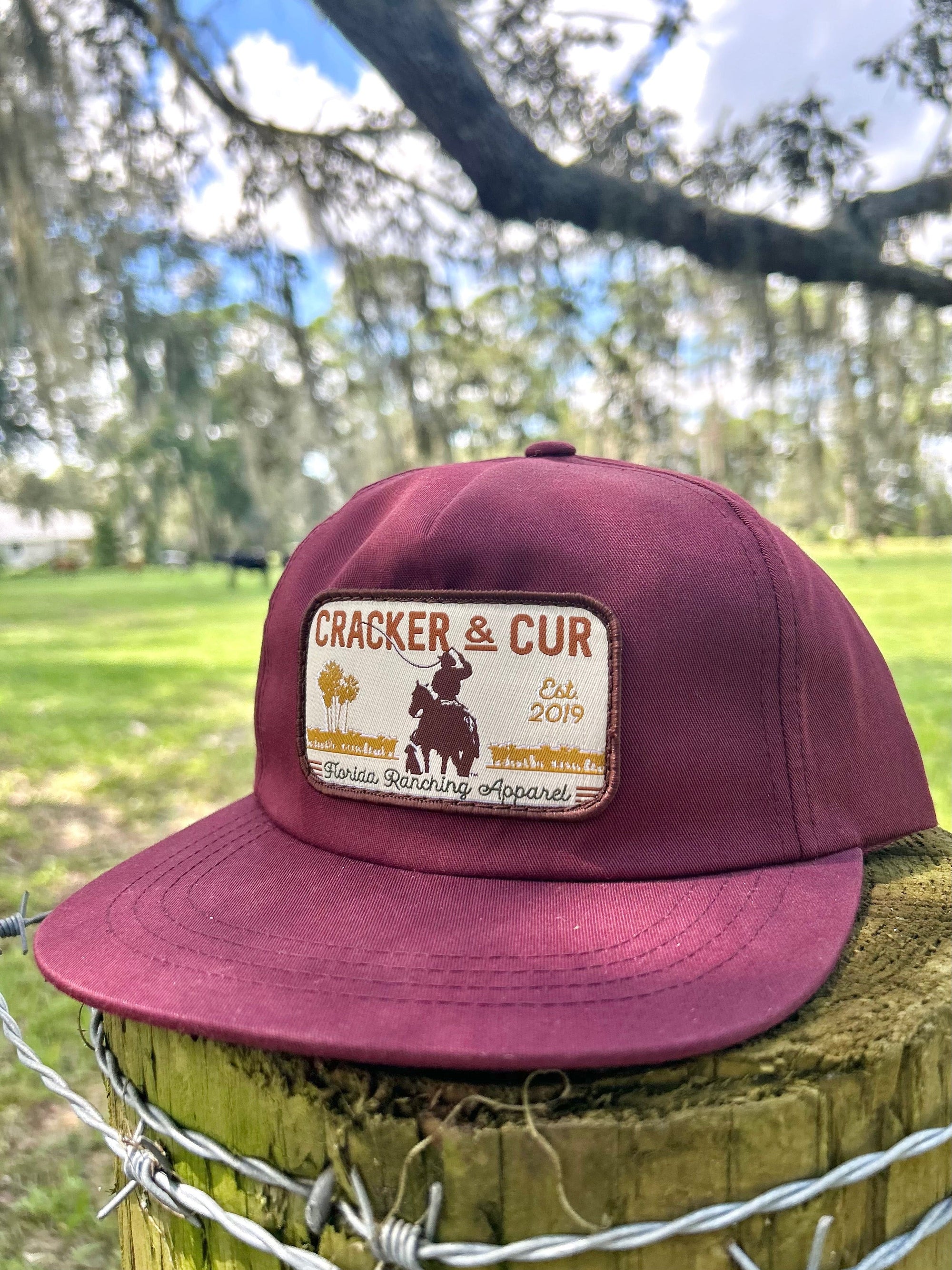 Cracker and Cur Hats Florida Ranching Patch Hat - Maroon Flatbill