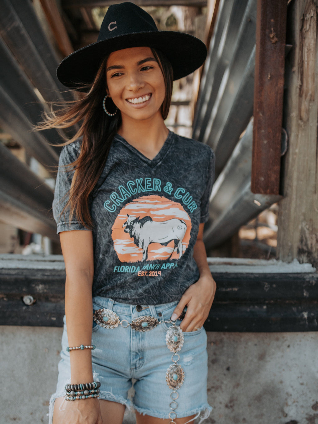 Cracker and Cur Shirts Neon Lights Brahma V-Neck- Black Mineral Wash