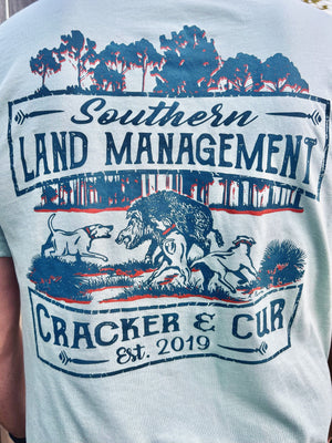 Cracker and Cur Shirts Southern Land Management- Dusty Blue/Orange