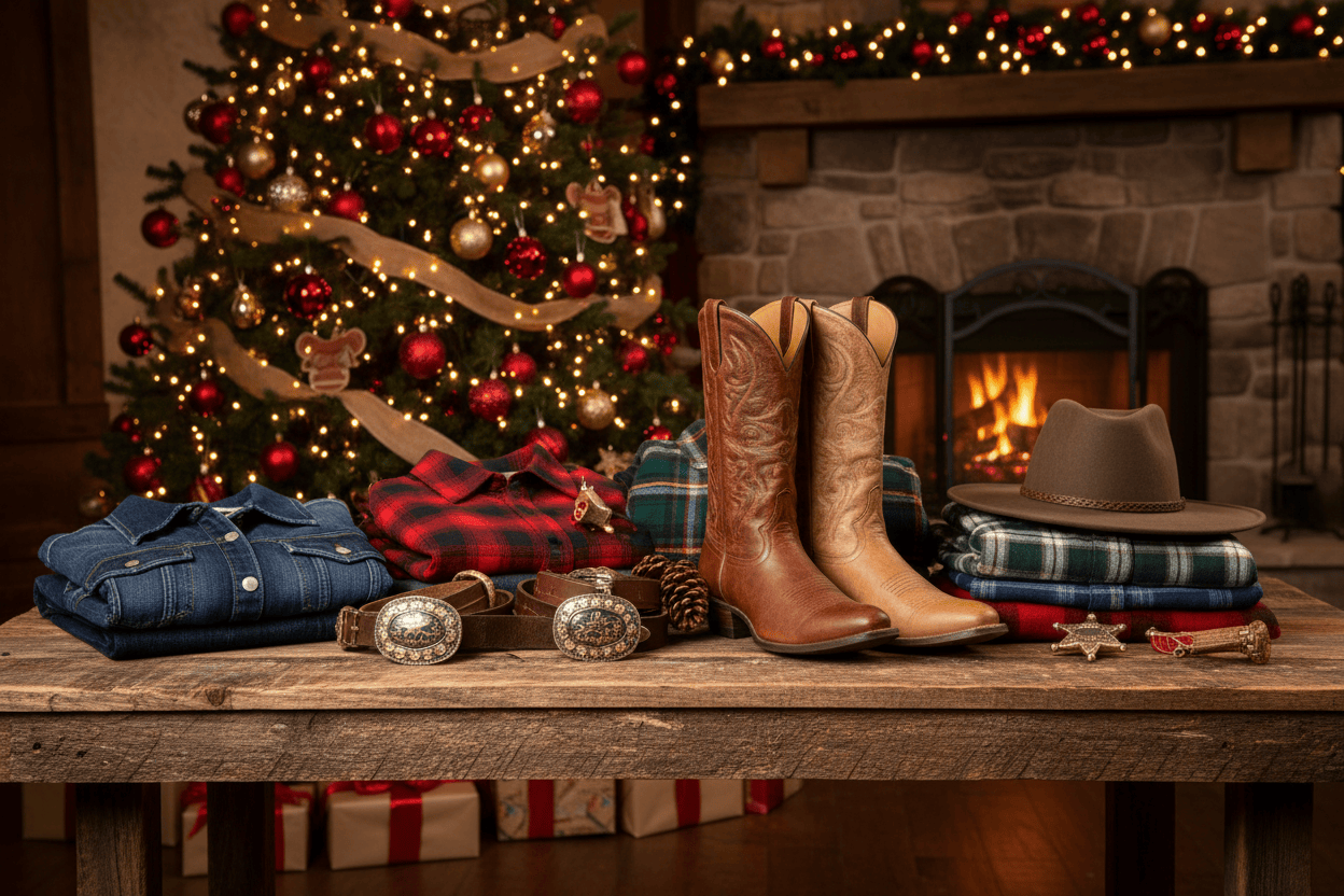 Image of some western style clothing and boots displayed on a table with Christmas decorations and tree with lights in the background. The table will be wood and rustic looking. 
