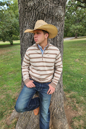Drover Cowboy Threads Outerwear 1/4 Zip Pullover - Striped - Oatmeal and Khaki Brown