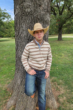 Drover Cowboy Threads Outerwear 1/4 Zip Pullover - Striped - Oatmeal and Khaki Brown