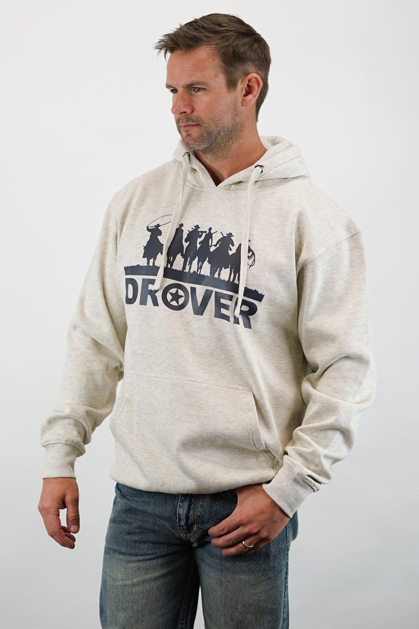 Drover Cowboy Threads Outerwear Hoodie - Riding Cowboys Print, Oatmeal Color