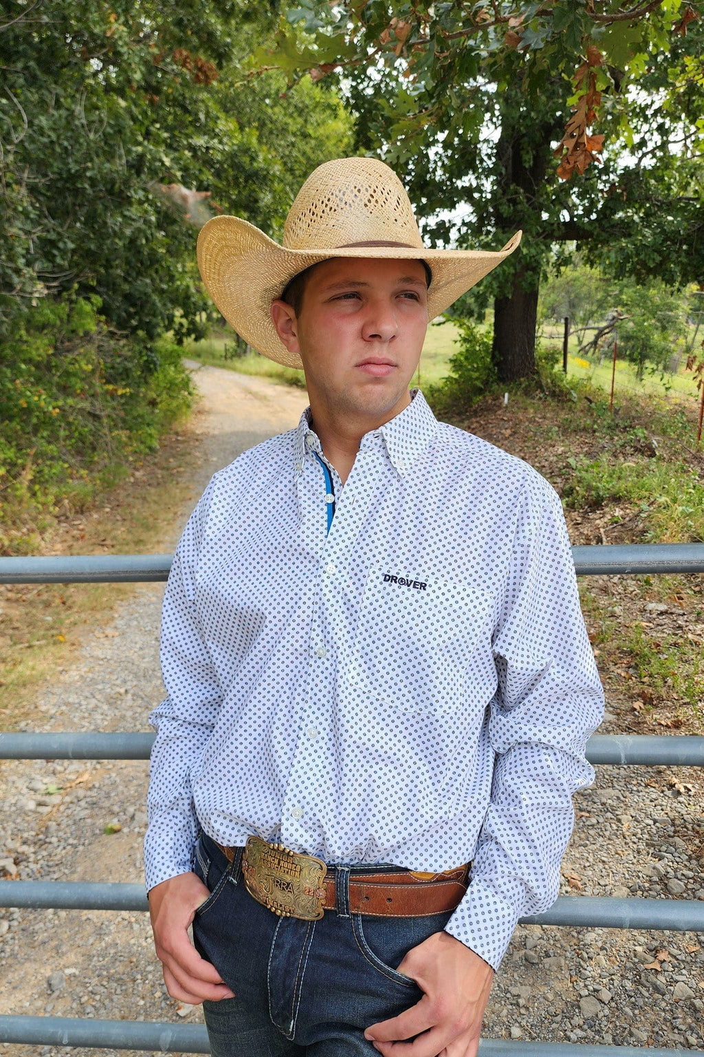 Drover Cowboy Threads Shirts Signature Series - Ambush - Print, Option Cuff, Classic Fit Shirt (White w/ Black Flowers)