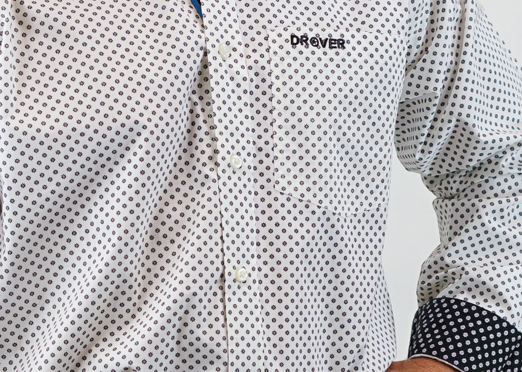 Drover Cowboy Threads Shirts Signature Series - Ambush - Print, Option Cuff, Classic Fit Shirt (White w/ Black Flowers)