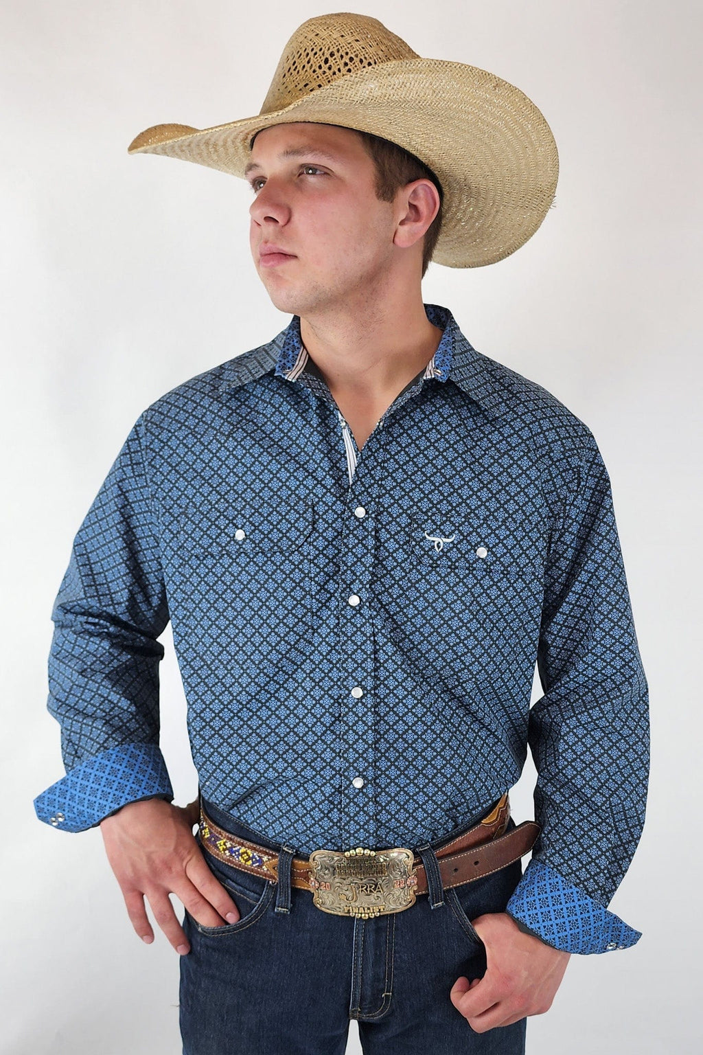 Drover Cowboy Threads Shirts Signature Series - Bandero -Slate Gray and Blue Pearl Snap, Print, Classic Fit Shirt
