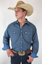 Drover Cowboy Threads Shirts Signature Series - Bandero -Slate Gray and Blue Pearl Snap, Print, Classic Fit Shirt
