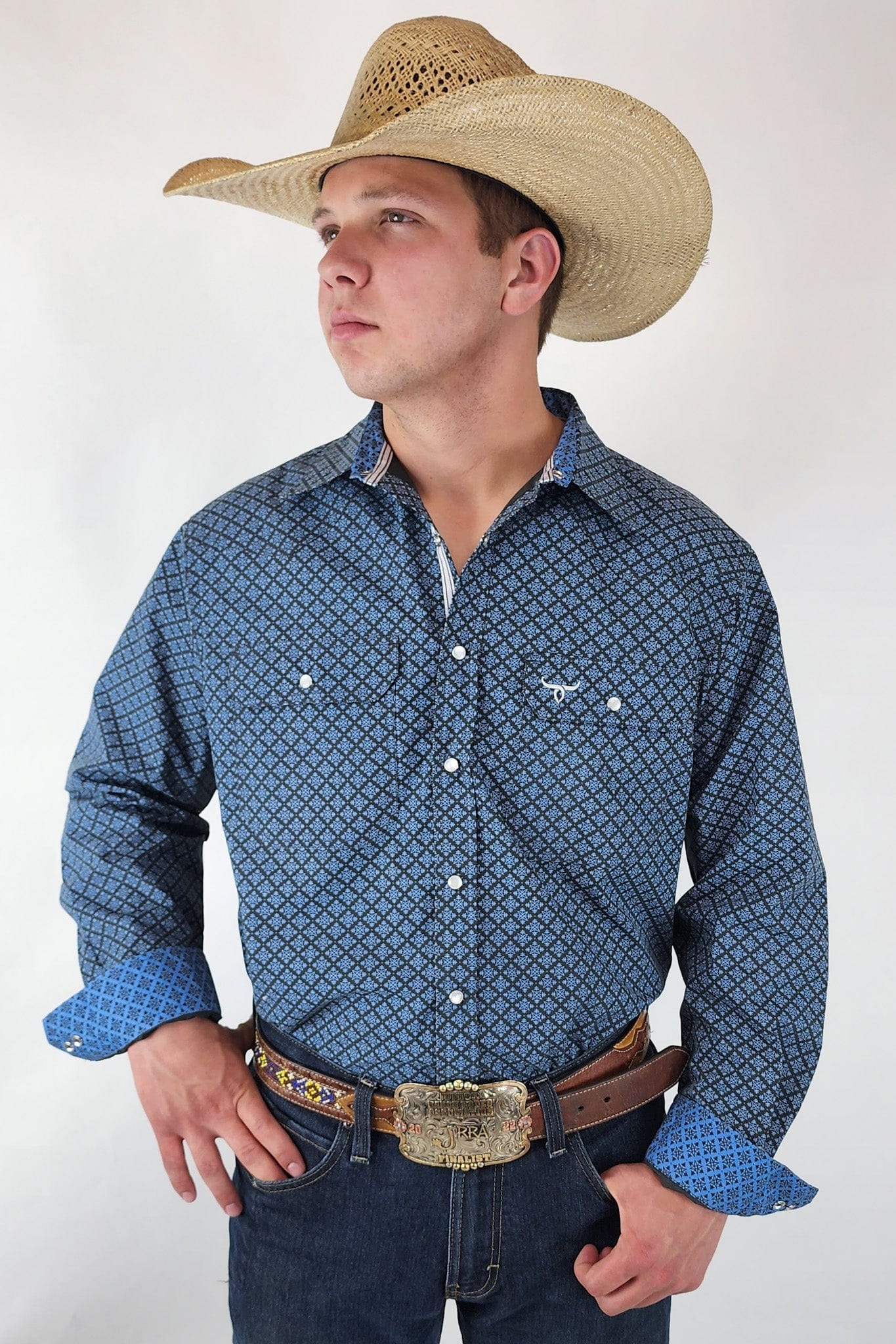 Drover Cowboy Threads Shirts Signature Series - Bandero -Slate Gray and Blue Pearl Snap, Print, Classic Fit Shirt