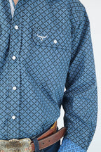 Drover Cowboy Threads Shirts Signature Series - Bandero -Slate Gray and Blue Pearl Snap, Print, Classic Fit Shirt