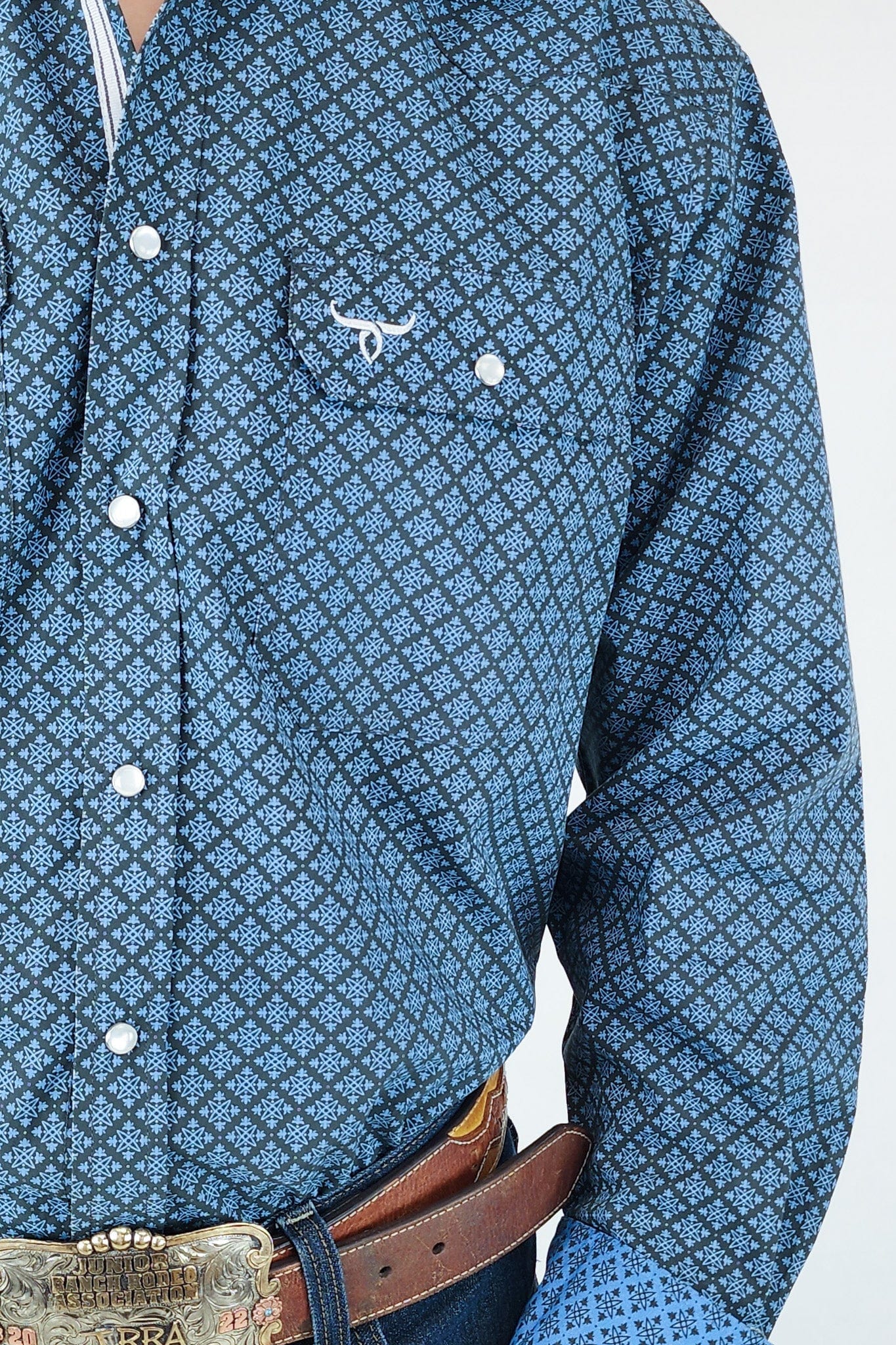 Drover Cowboy Threads Shirts Signature Series - Bandero -Slate Gray and Blue Pearl Snap, Print, Classic Fit Shirt