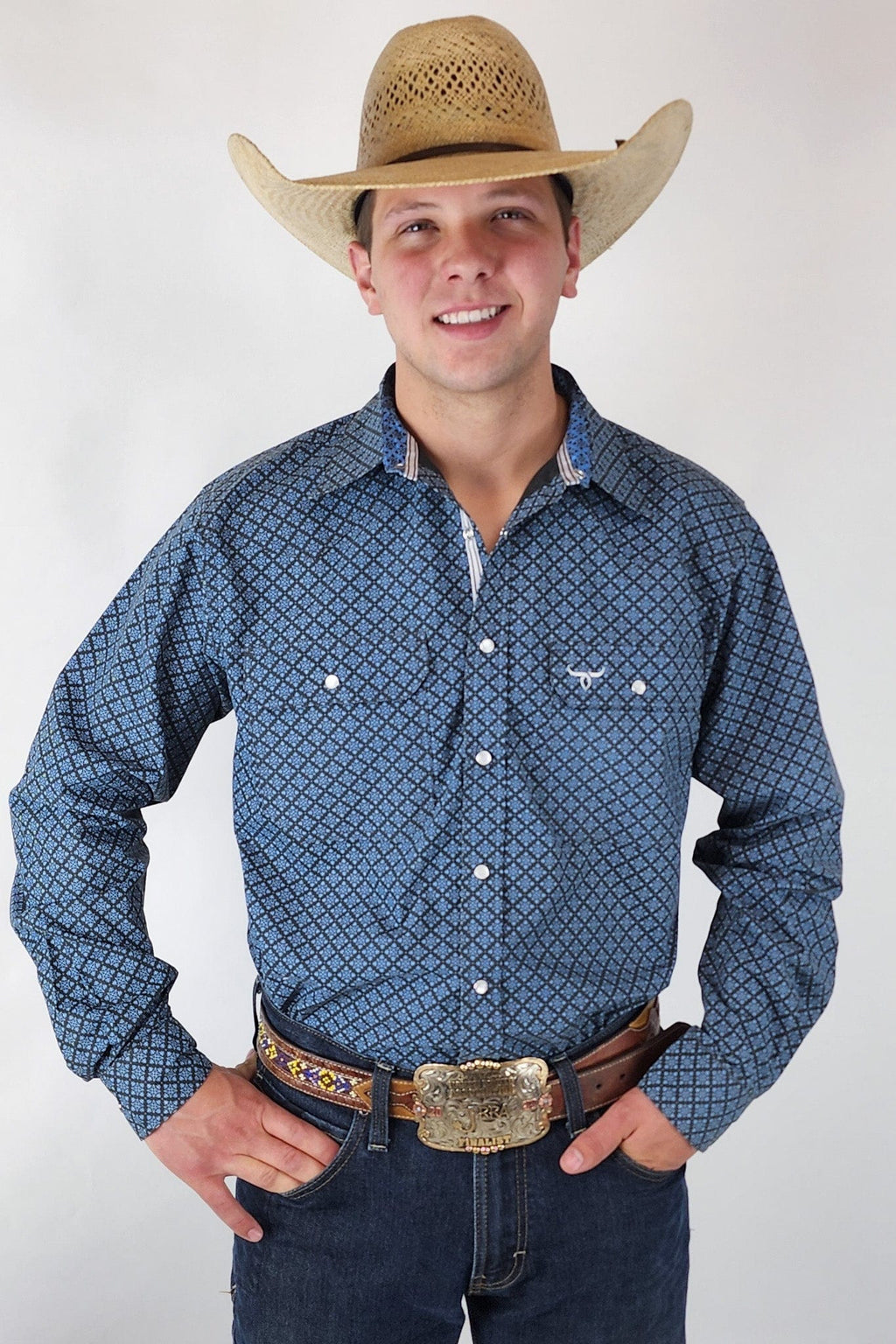 Drover Cowboy Threads Shirts Signature Series - Bandero -Slate Gray and Blue Pearl Snap, Print, Classic Fit Shirt