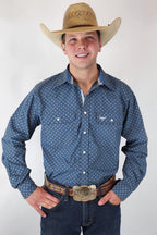 Drover Cowboy Threads Shirts Signature Series - Bandero -Slate Gray and Blue Pearl Snap, Print, Classic Fit Shirt