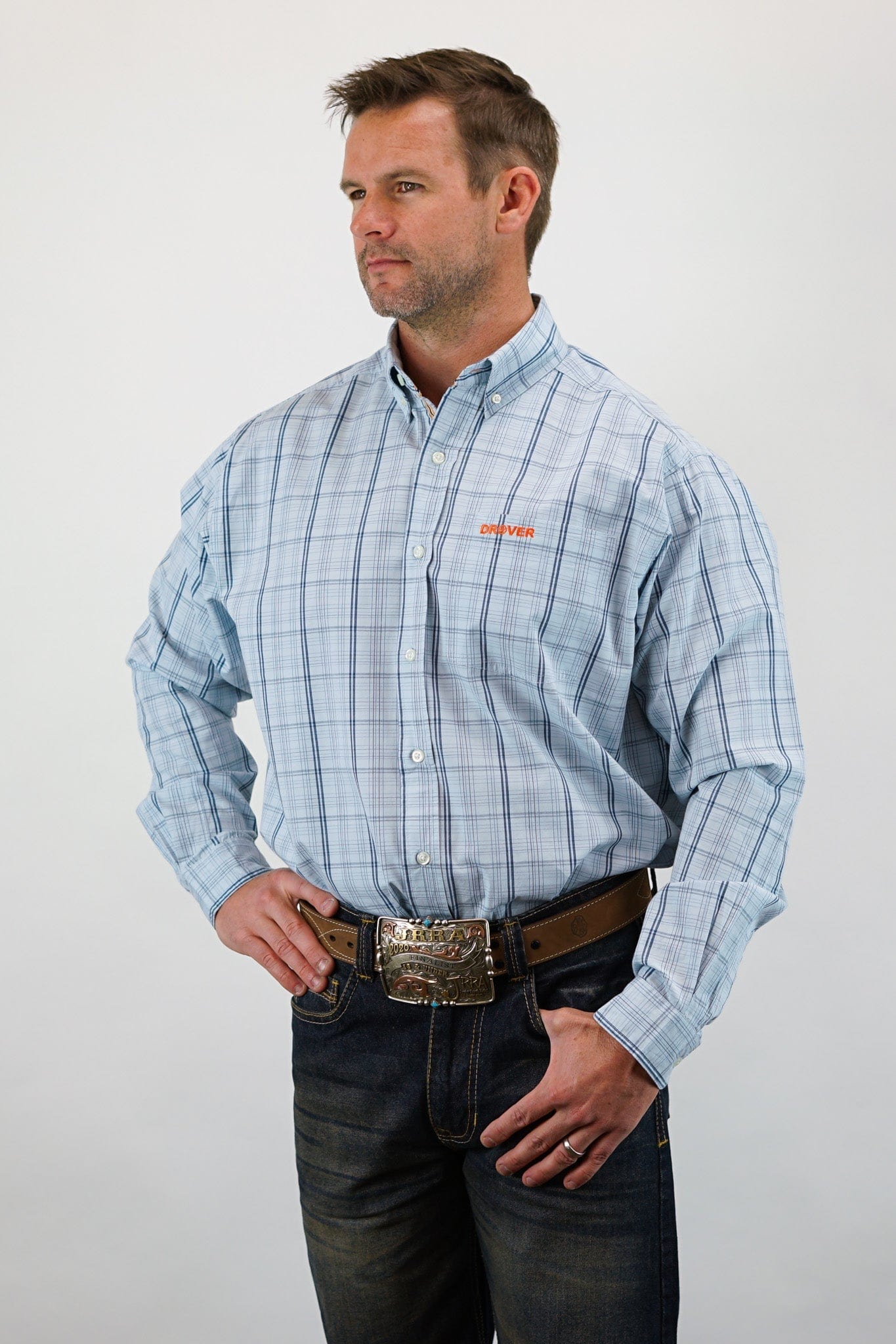 Drover Cowboy Threads Shirts Signature Series - Banjo - Blue with Blue, Plaid, Option Cuff, Classic Fit Shirt