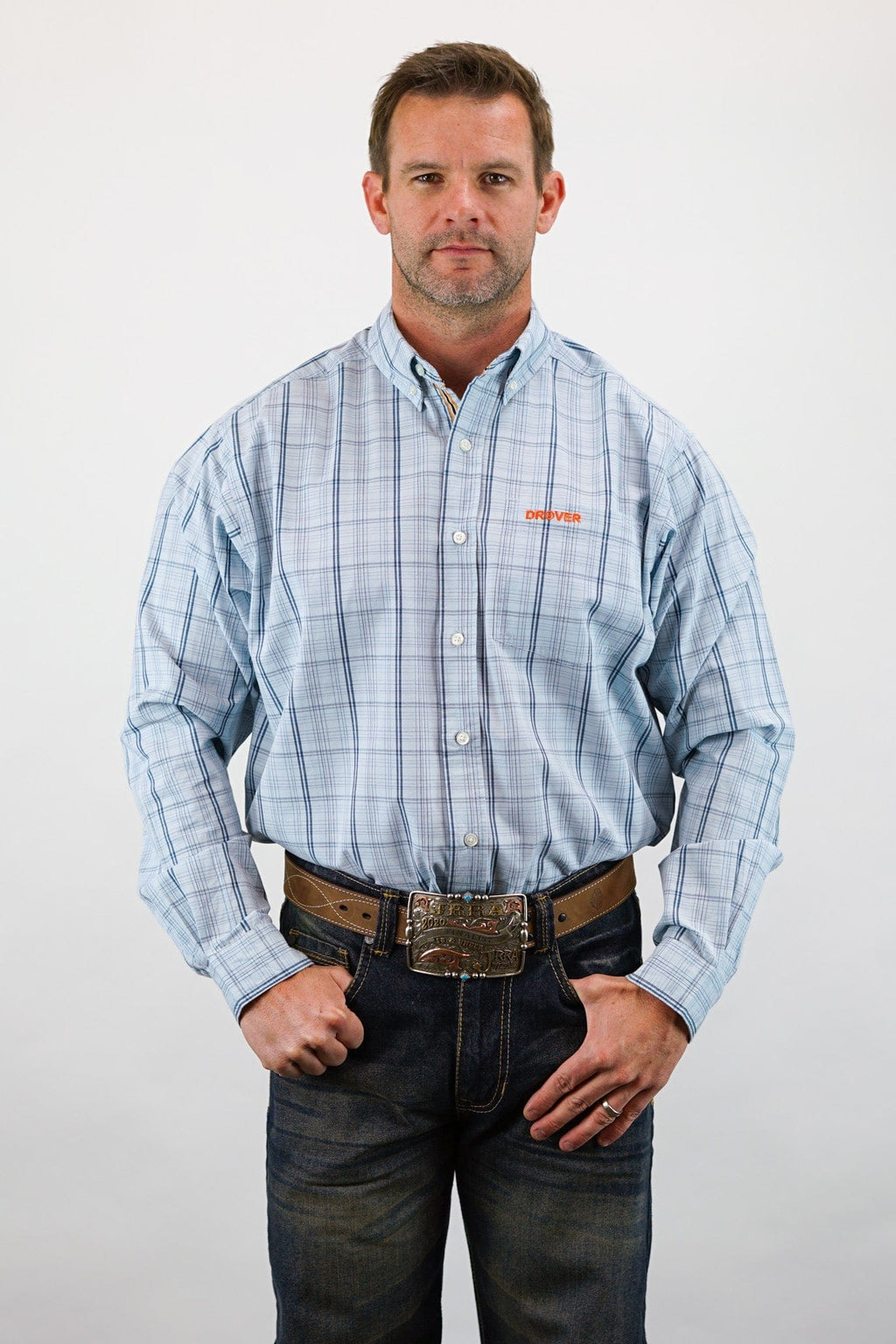 Drover Cowboy Threads Shirts Signature Series - Banjo - Blue with Blue, Plaid, Option Cuff, Classic Fit Shirt